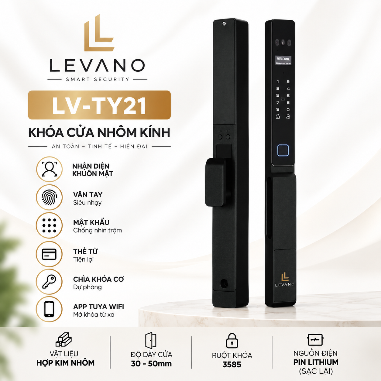 Khóa cửa nhôm Levano LV-TY30 nhận diện khuôn mặt vân tay Khóa cửa nhôm Levano LV-TY30 nhận diện khuôn mặt vân tay