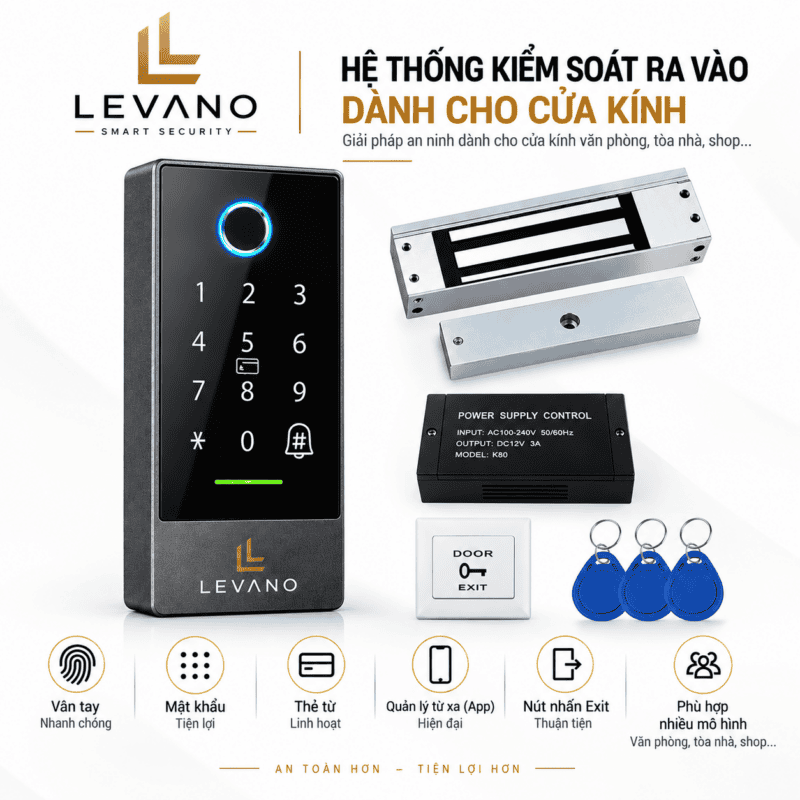 Hệ thống kiểm soát ra vào cửa kính Levano LV-GL05 bằng vân tay và thẻ từ.