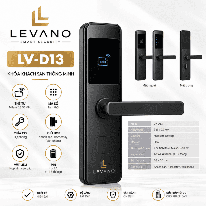 Khóa khách sạn Levano LV-D13 với thẻ proximity và chìa cơ.