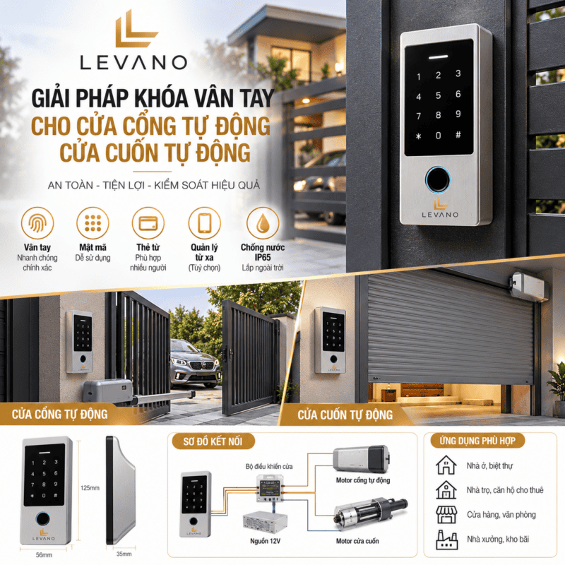 Khóa vân tay Levano cho cổng tự động, cửa cuốn, an toàn và tiện lợi.