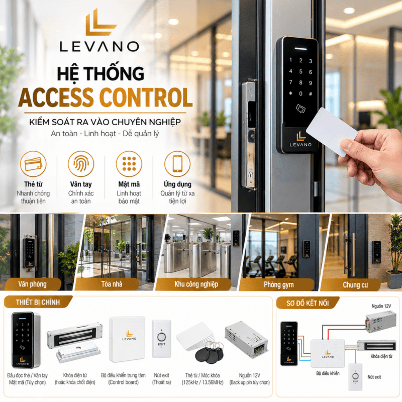 Hệ thống kiểm soát truy cập vân tay Levano tại cửa ra vào.