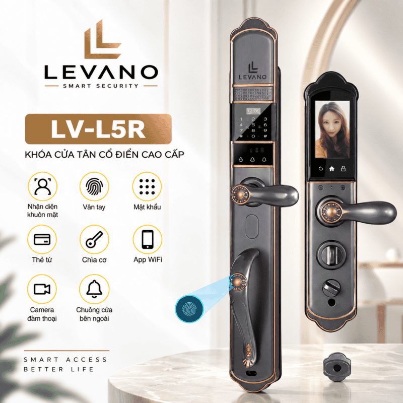 Khóa vân tay Levano LV-L5R với thiết kế tân cổ điển và công nghệ WiFi.