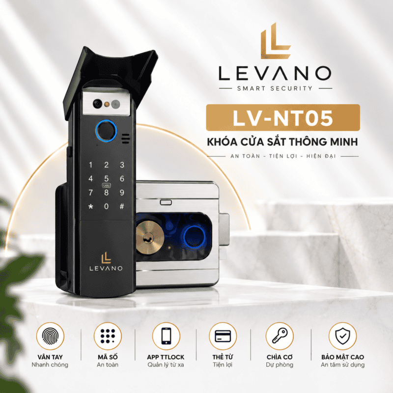 Khóa vân tay Levano LV-NT05 với màn hình cảm ứng và thiết kế hiện đại.