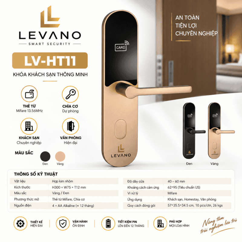 Khóa khách sạn thông minh Levano LV-HT11 với thẻ cảm ứng và chìa cơ.
