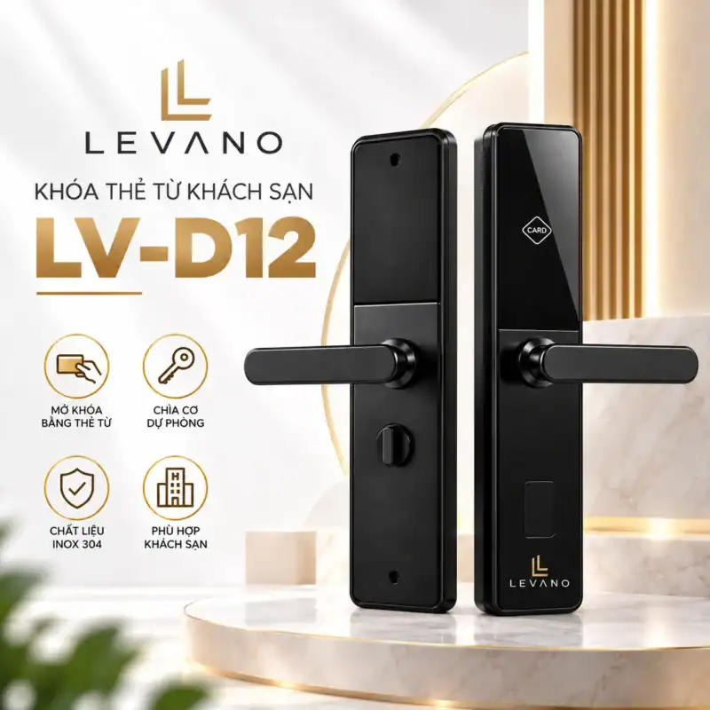 Khóa thẻ từ khách sạn Levano LV-D12 màu đen, mặt ngoài và mặt trong