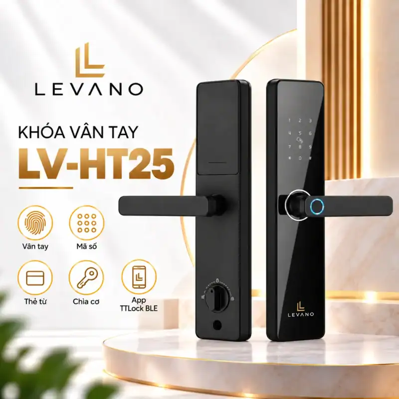Khóa vân tay cửa gỗ Levano LV-HT25 màu đen, mặt ngoài và mặt trong