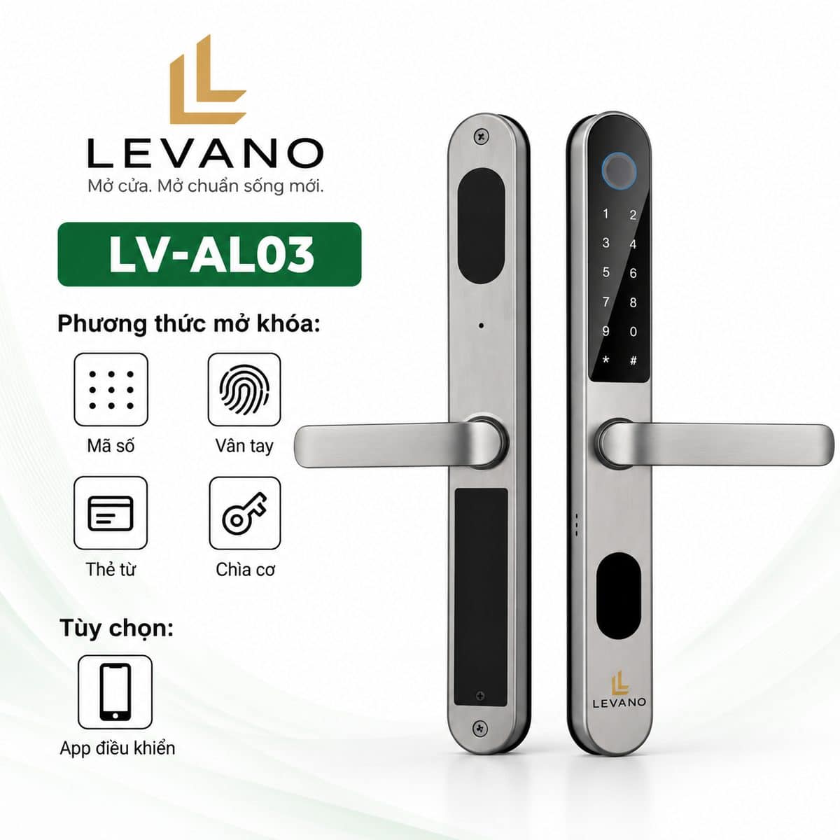 Khóa vân tay cửa nhôm Levano LV-AL03 inox 304 Khóa vân tay cửa nhôm Levano LV-AL03 inox 304
