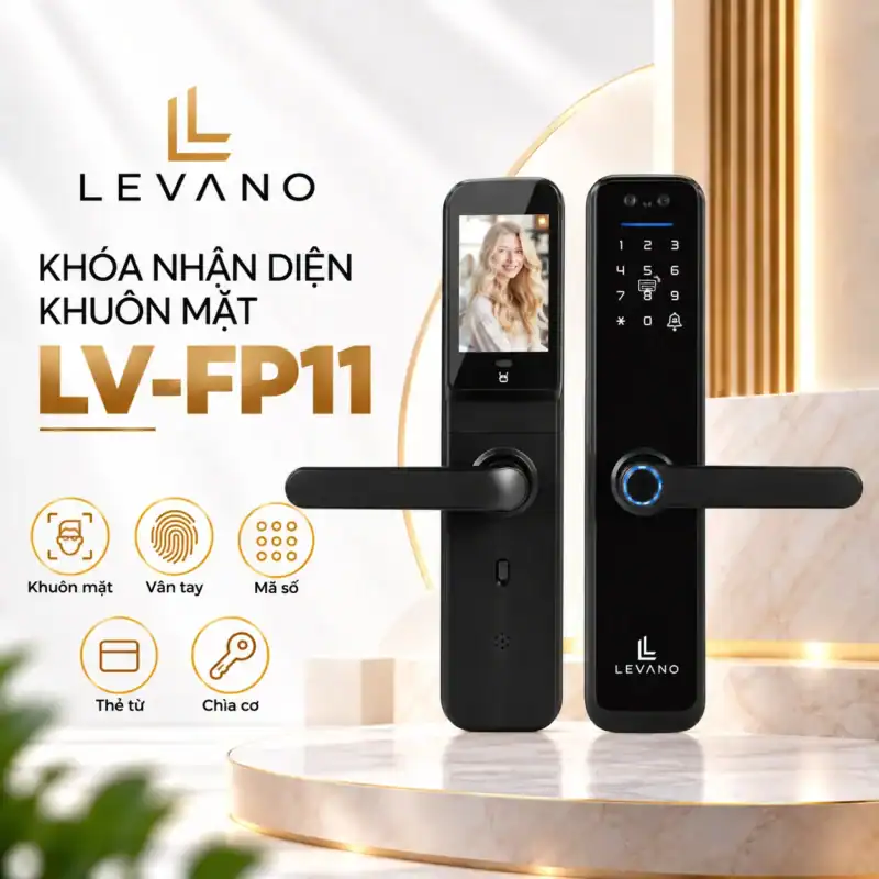 Khóa vân tay nhận diện khuôn mặt Levano LV-FP11 màu đen, mặt ngoài và mặt trong